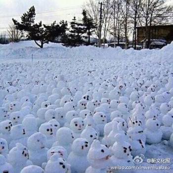 網(wǎng)傳“煙臺男子大學(xué)生堆1314個雪人表白”。微博圖