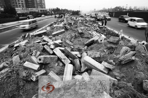 中州大道部分路段，綠化帶成了垃圾場(chǎng)。