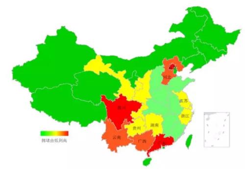 端午期間省域擁堵情況。來源：交通部聯合其他機構發布的《2018年端午全國公路網出行預測報告》。