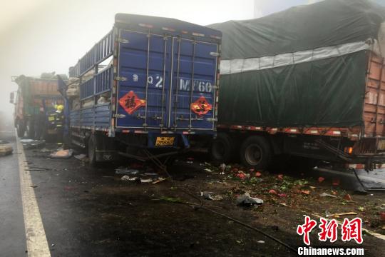 圖為21日，蘭南高速河南段車禍事故現場一片狼藉?！」啤z