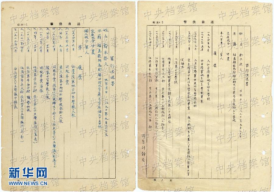這是日本戰犯鈴木啟久的部分筆供原文（左圖）和鈴木啟久筆供的中文譯文（右圖）。