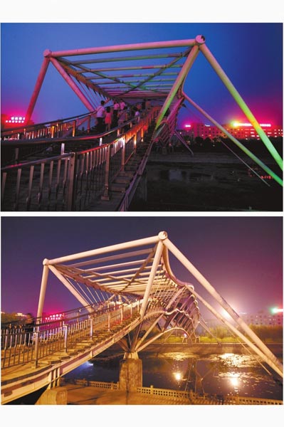 花園路西側東風渠景觀橋，上圖攝于7月31日晚間，下圖攝于10月9日晚間。